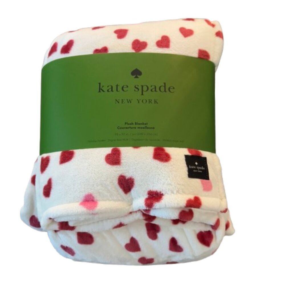 NEW Kate Spade Plush White Blanket with Red and Pink Hearts 98"X92"